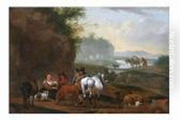 Herdsmen And Cattle Resting Before A River Landscape - view 1