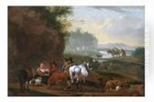 Herdsmen And Cattle Resting Before A River Landscape by Nicolaes Berchem