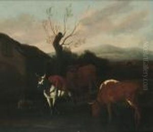 A Herdsman With Cattle, A Mule And A Goat Near A Cottage