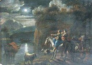 A Moonlit Scene With Figures And Animals By A Lakeside. by Nicolaes Berchem
