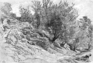 A wooded landscape with a woman washing laundry at a stream by Paul Huet