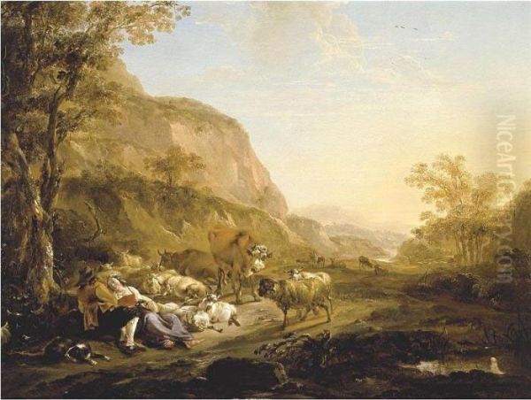 An Evening Landscape With A
Couple Resting Below A Tree Surrounded By Cattle, Goats And Sheep - view 1