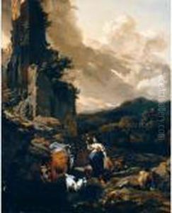 An Italianate Landscape With 
Animals, A Shepherd And A Paesant Woman Holding A Distaff By Ruins