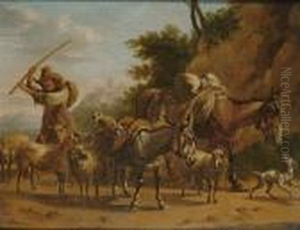 A Drover With Donkeys And Sheep - view 1