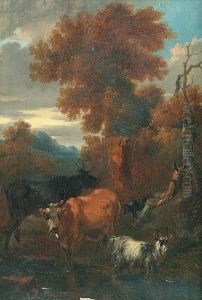 A Drover Resting Beside A Stream With His Cattle And A Goat Nearby by Nicolaes Berchem