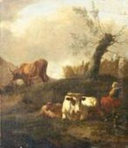 Livestock And Seated Drover In A Landscape by Nicolaes Berchem