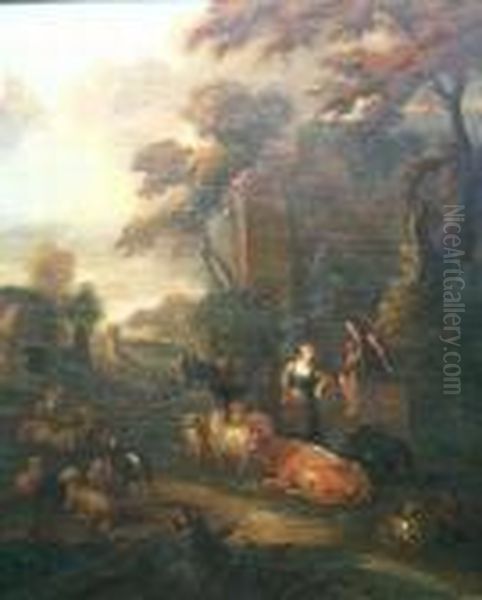 Drovers At Rest With Livestock Amidst Ruins - view 1