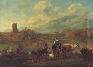 An Italianate Landscape With
Cattle, Drovers And Travellerscrossing A Ford, A Village Beyond by Nicolaes Berchem