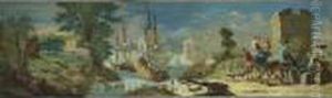 A Mediterranean Coastal Scene
With Ships Unloading Their Goods And Travellers Watering Their Horses In
The Foreground A Mediterranean Coastal Scene
With Ships Unloading Their Goods And Travellers Watering Their Horses In
The Foreground
