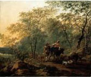 An Italianate Landscape With A 
Lady Riding An Ox And A Drover Walking Beside With His Animals