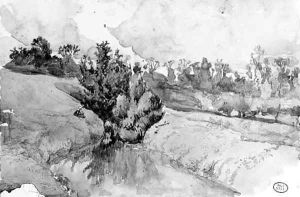 The bank of a pond with a peasant woman resting by Paul Huet