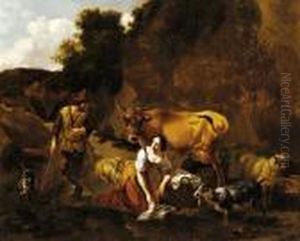 A Drover And His Flock Beside A Stream With A Washerwoman Nearby by Nicolaes Berchem