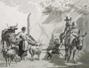 Reiter, Bauerin Und Tiere Bei Einer Tranke by Nicolaes Berchem