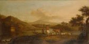 A River Landscape With A Drover And His Flock On A Bank With A Ferry Nearby by Nicolaes Berchem