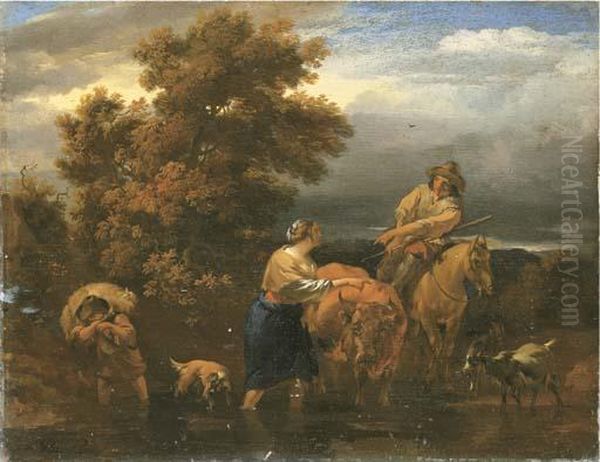 An Italianate River Landscape With Drovers At A Ford At Dusk - view 1