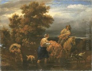 An Italianate River Landscape With Drovers At A Ford At Dusk by Nicolaes Berchem