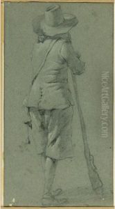 A Man Leaning On A Rifle Seen From Behind A Man Leaning On A Rifle Seen From Behind