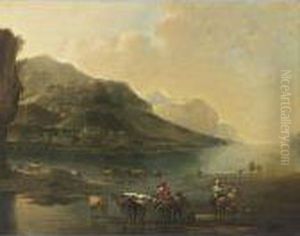 A Southern Hilly River Landscape With Shepherds And Their Herd, A Village Beyond