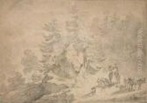 A Wooded Hillside Landscape
Scene With A Traveller Conversing With A Woman On A Donkey, Cattle And
Sheep In The Foreground by Nicolaes Berchem