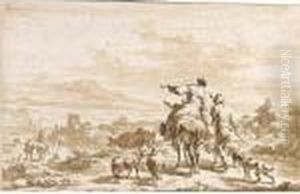 Panoramic Landscape With Peasants And Their Animals In The Foreground by Nicolaes Berchem