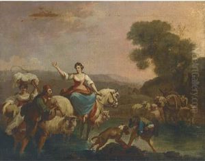An Italianate River Landscape With A Shepherd And His Flock And Travellers by Nicolaes Berchem
