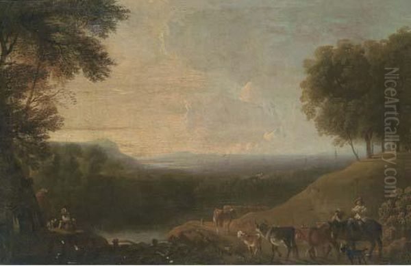 A Wooded River Landscape With A Drover And Cattle On A Track - view 1