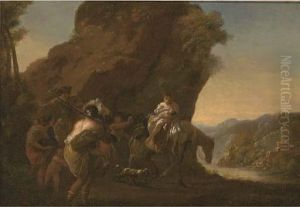 A Rocky River Landscape With Travellers In The Foreground by Nicolaes Berchem