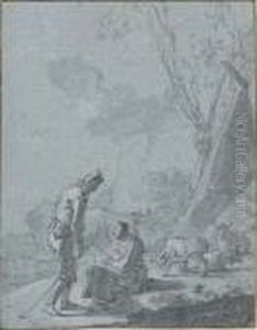 A Young Shepherd And Shepherdess In A Landscape With A Flock by Nicolaes Berchem