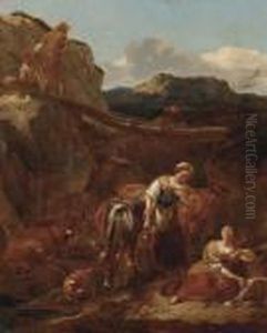 An Italianate Mountain Landscape With Cattle And Milkmaids In The Foreground by Nicolaes Berchem