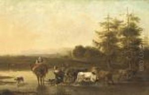 An Italianate Landscape With Drovers Fording A River An Italianate Landscape With Drovers Fording A River