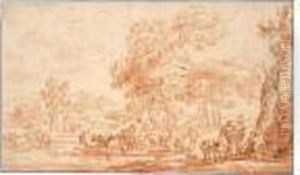A Wooded Riverside, With Herders Transporting Animals In A Punt
