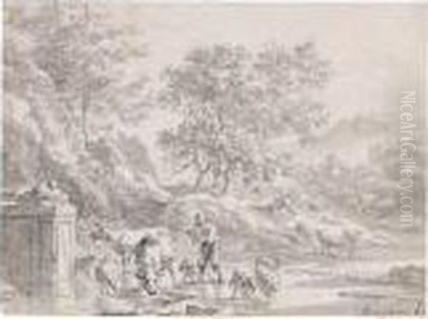 A Flute Playing Herdsman With Cattle And Sheep, Near A Pool And A Fountain - view 1