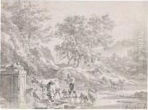 A Flute Playing Herdsman With Cattle And Sheep, Near A Pool And A Fountain by Nicolaes Berchem