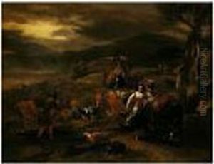 A Rocky Landscape At Sunset With Drovers And Cattle