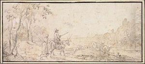 Landscape With A Cowherd With His Wife And Dog Watching Cattle From A Hill