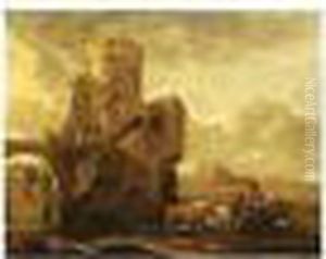 Shepherds And Their Herds Near Water, A Bridge Leading To A Fortress by Nicolaes Berchem