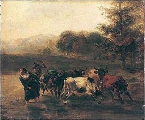 A Herder And Maid Driving Cattle Across A River by Nicolaes Berchem