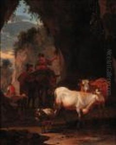 Peasants With Cattle On A Rocky Pass by Nicolaes Berchem