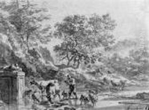 An Italianate Landscape With Herdsman At The Fountain