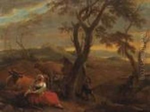 A Peasantwoman Resting At The Foot Of A Tree In An Italianatelandscape by Nicolaes Berchem