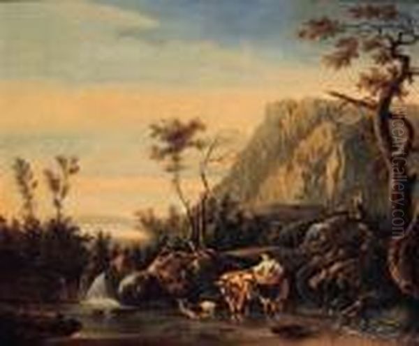 A Shepherdess And Her Cattle Fording A River By A Waterfall In An Italianate Landscape - view 1