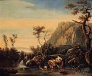 A Shepherdess And Her Cattle Fording A River By A Waterfall In An Italianate Landscape by Nicolaes Berchem