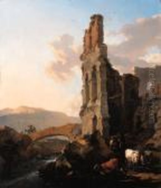 An Italianate River Landscape 
With Herdsmen By The Ruins Of Anamphitheatre, And Peasants Crossing A 
Bridge - view 1