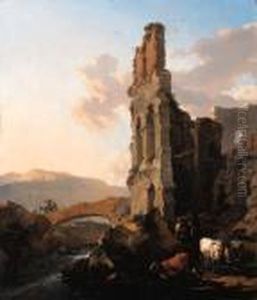 An Italianate River Landscape
With Herdsmen By The Ruins Of Anamphitheatre, And Peasants Crossing A
Bridge by Nicolaes Berchem
