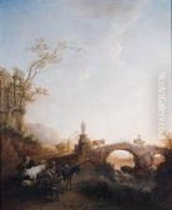 Drivers Returning From Market On A Track By A Bridge, In Anitalianate Landscape