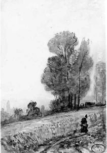 A woman walking on a road in Normandy by Paul Huet