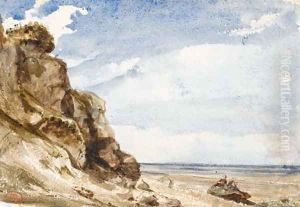 Deux figures sur un rocher en bord de mer a Honfleur by Paul Huet