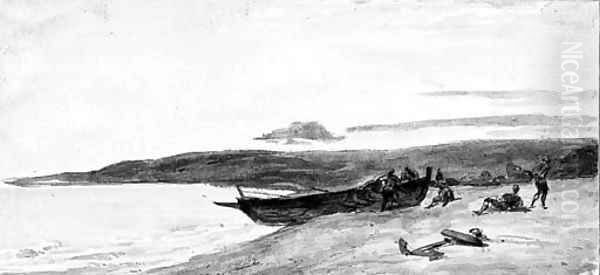 Fishermen pulling a boat ashore at dusk - view 1