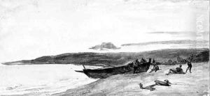 Fishermen pulling a boat ashore at dusk by Paul Huet