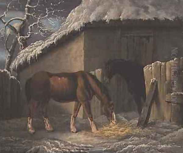 A Winter landscape with two horses feeding outside a stable - view 1